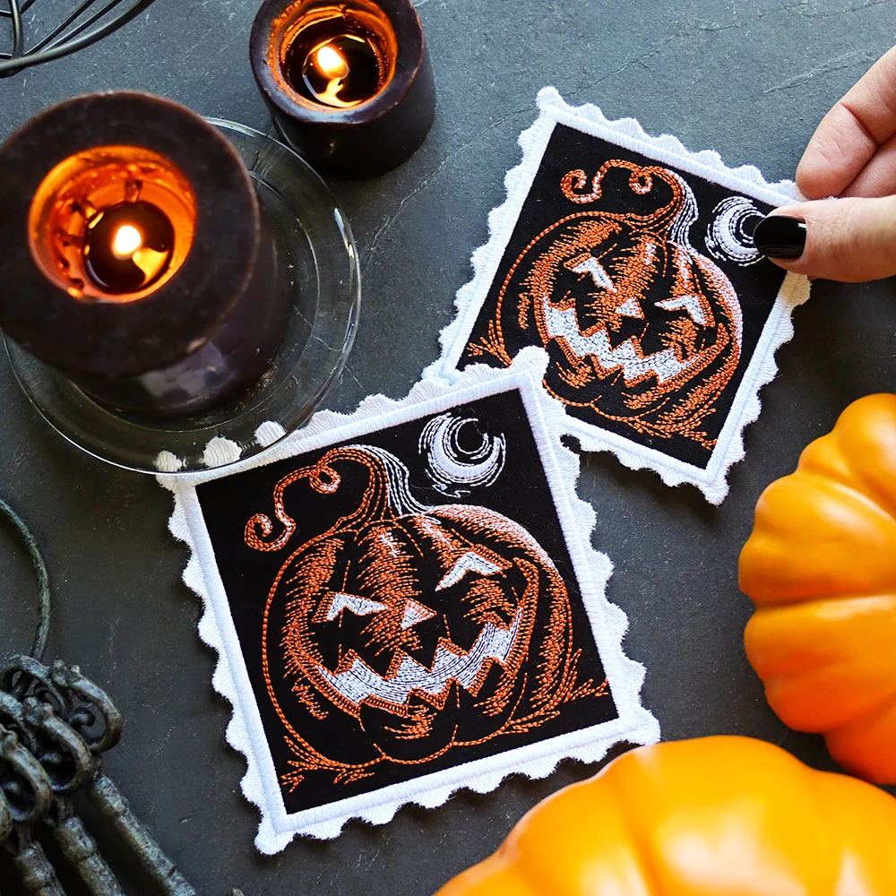 Retro Halloween Stamp Coaster - Jack o' Lantern (In-the-Hoop) - Image 5